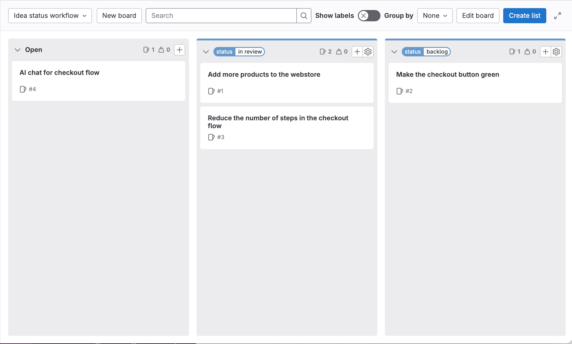 Idea issue board with example issues